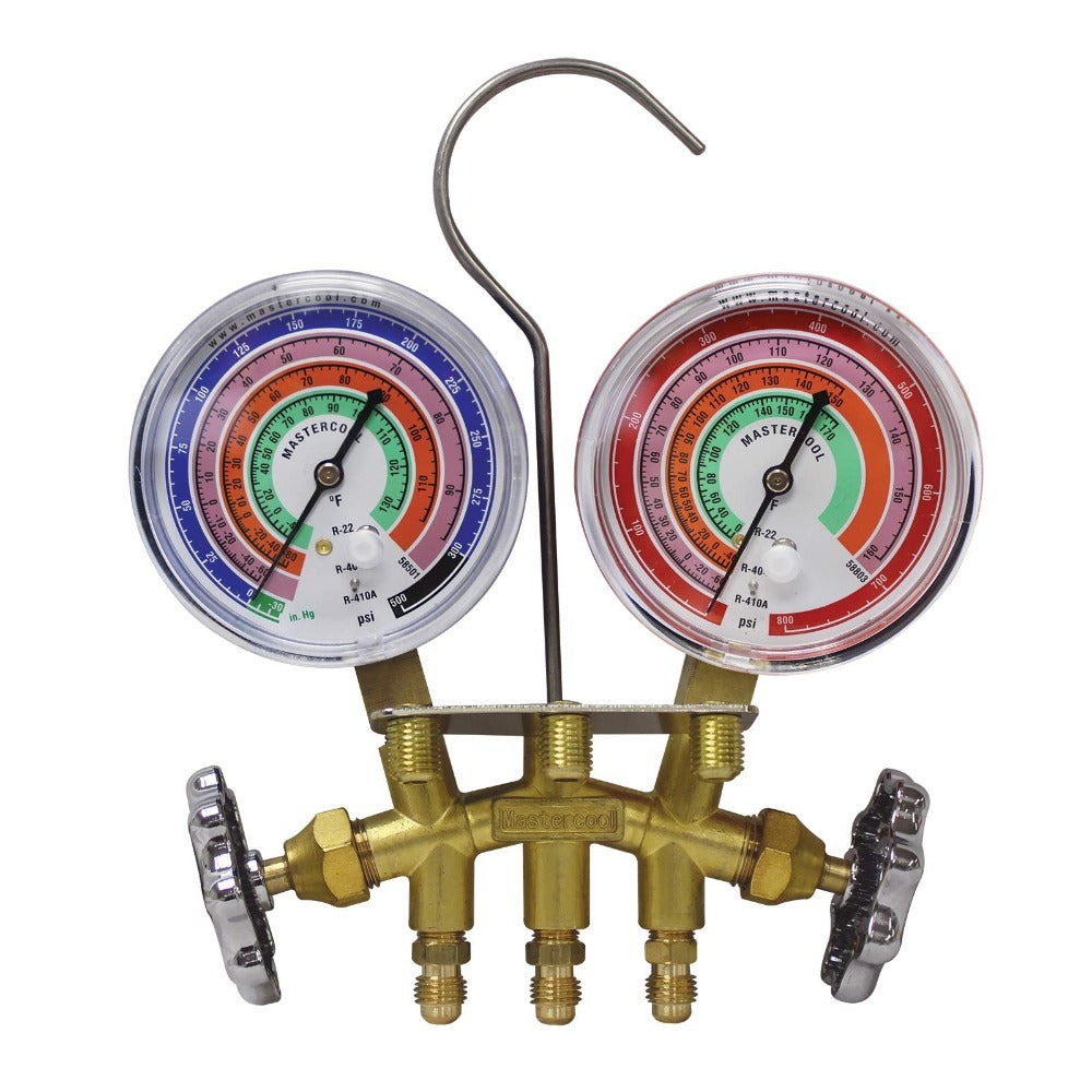 Brass R410A, R22, R404A 2-Way Manifold Gauge Set with 3-1/8" Gauges, 3-60" Hoses and Standard 1/4" Fittings